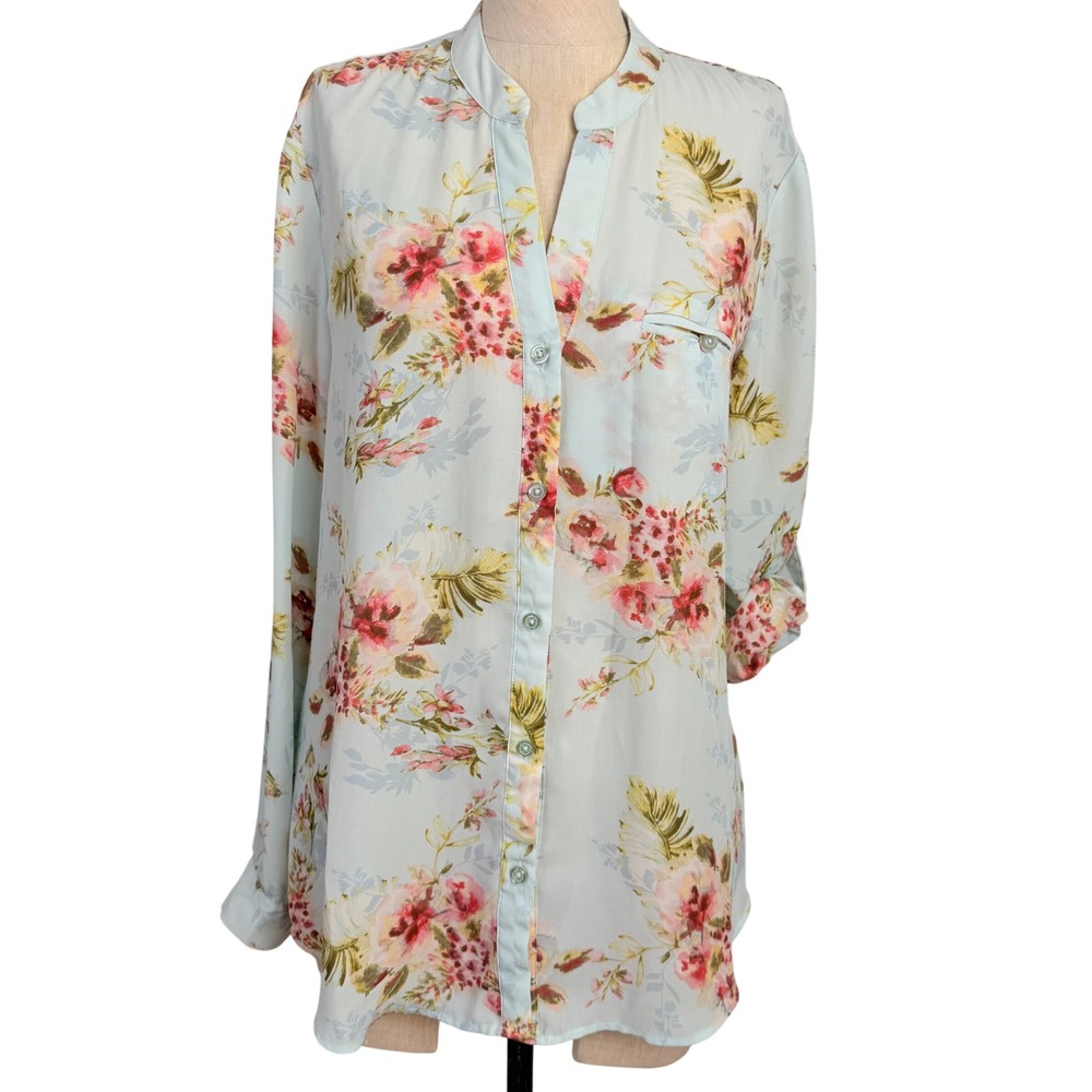 Kut from the Kloth Floral Button Down Blouse Light Blue Pink Roll Tab‎ Sleeve M
